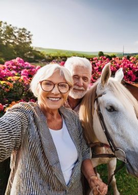 Firefly abuelita y abuelito sacando selfie en un jardin con caballos y flores 36912